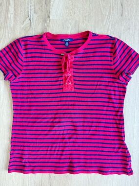 Chaps Womens Pink Navy Striped Lace Up Top Size Large Short Sleeve Shirt
